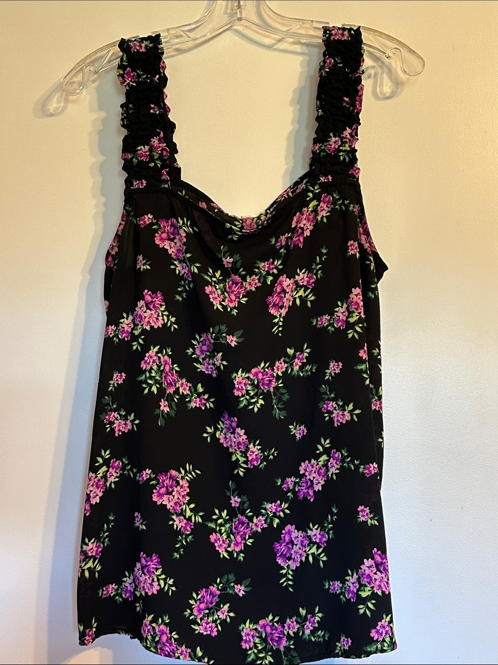 Pleione Black Blouse with Pink & Purple Floral Print